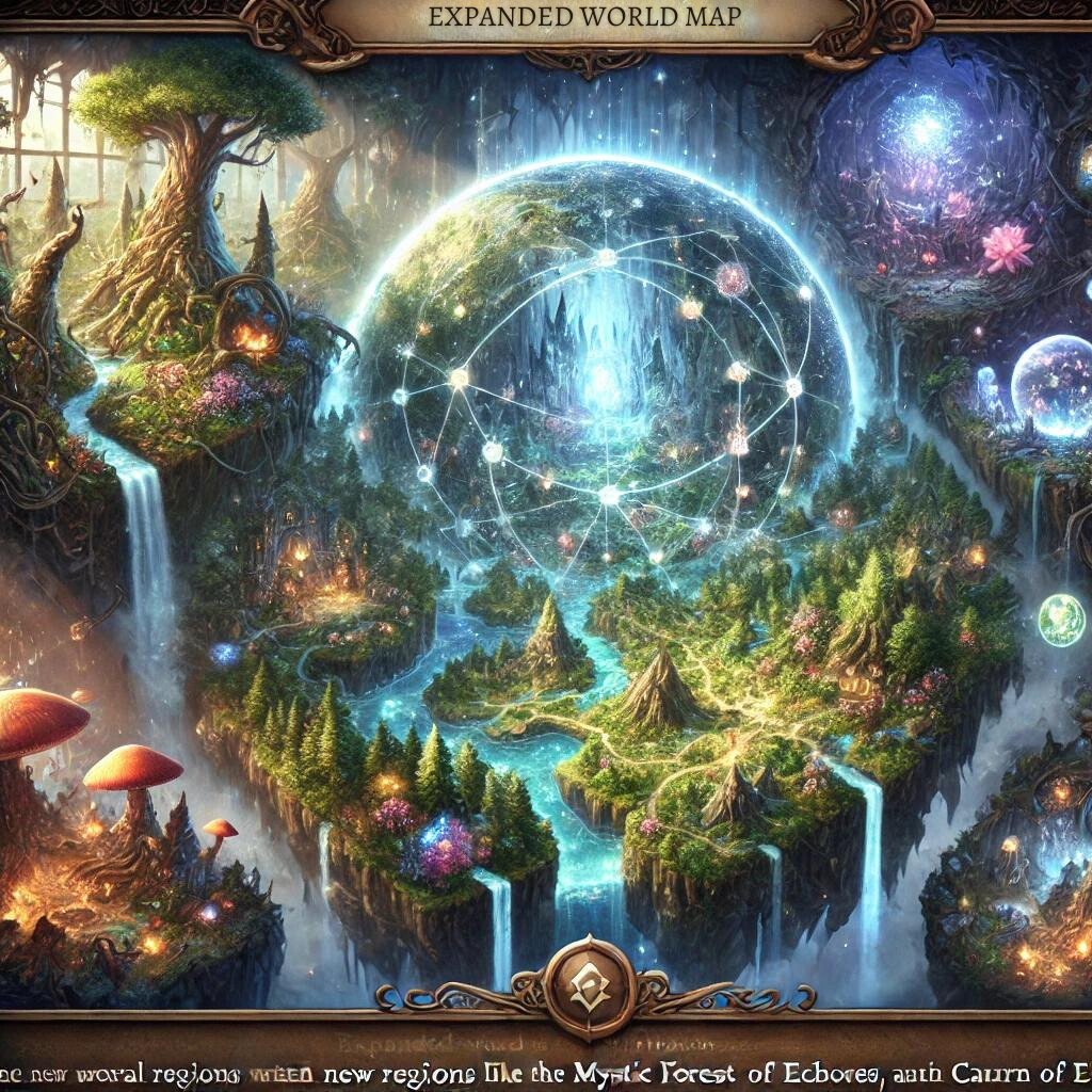 Detailed image of Palworld’s expanded world map featuring the Mystic Forest with glowing paths and the Cavern of Echoes, representing new regions in the game."