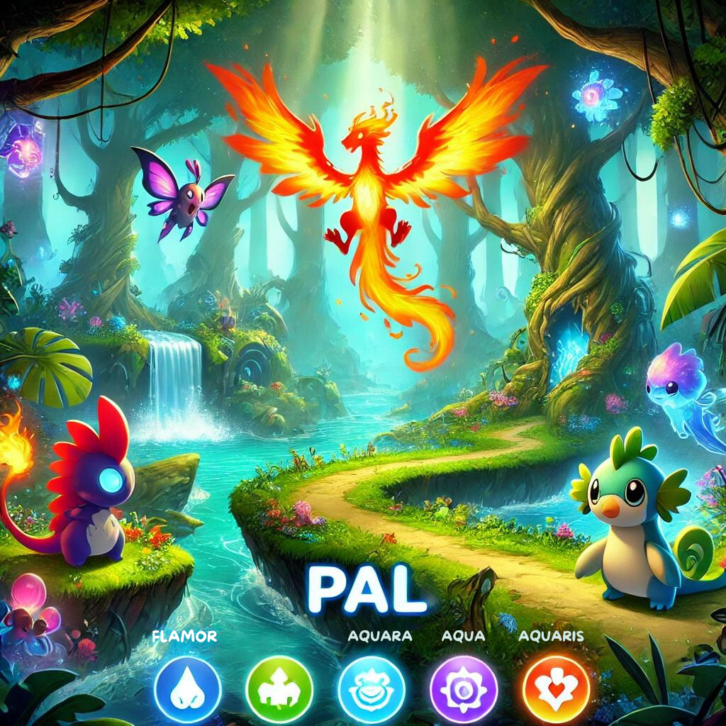 A vibrant scene from Palworld showcasing new Pals like Flamor, Aquara, and Terrus exploring a magical forest, highlighting the latest game updates."